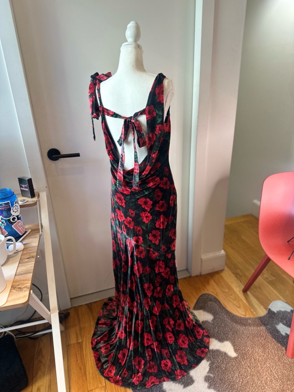For Love + Lemons velvet Red Rose Print Tie-Back Maxi Dress